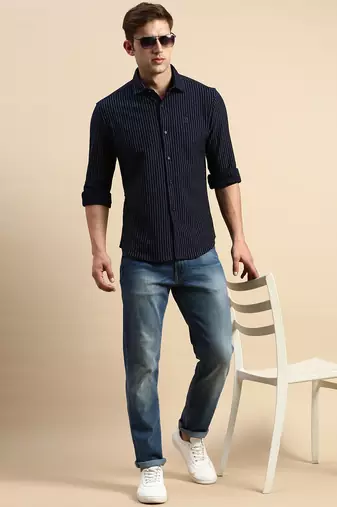 Showoff men's long sleeves vertical stripes navy blue shirt