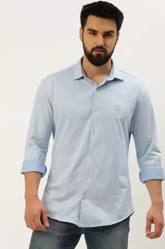 men's long sleeves geometric blue shirt