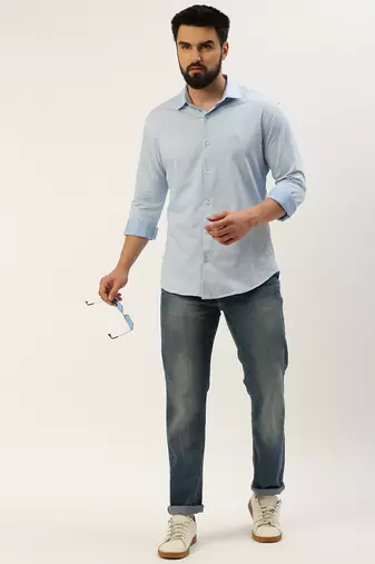 men's long sleeves geometric blue shirt