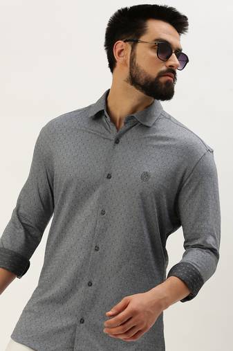 men's long sleeves geometric grey shirt