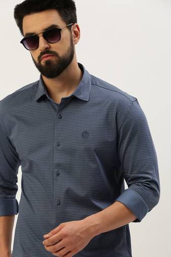 men's long sleeves geometric blue shirt