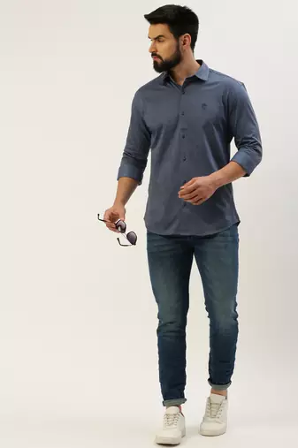 men's long sleeves geometric blue shirt
