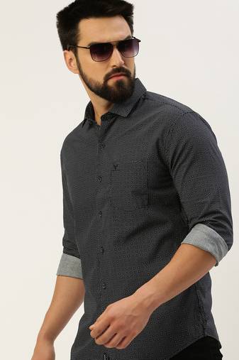men's long sleeves geometric navy blue shirt