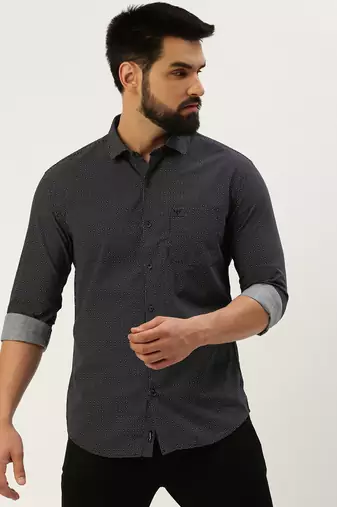 men's long sleeves geometric navy blue shirt