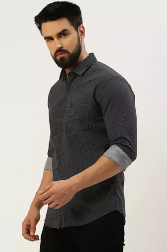 men's long sleeves geometric navy blue shirt