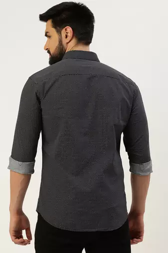 men's long sleeves geometric navy blue shirt