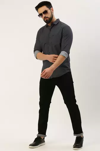 men's long sleeves geometric navy blue shirt