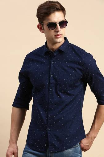Showoff men's long sleeves geometric navy blue shirt