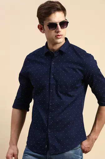 Showoff men's long sleeves geometric navy blue shirt