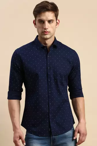 Showoff men's long sleeves geometric navy blue shirt
