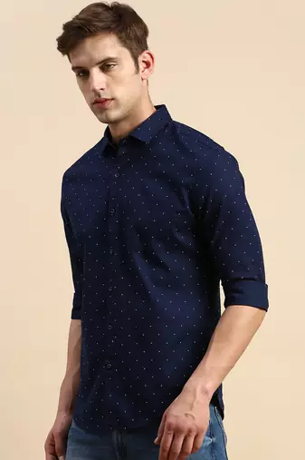 Showoff men's long sleeves geometric navy blue shirt