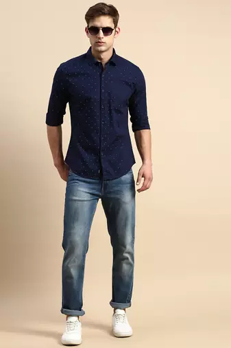 Showoff men's long sleeves geometric navy blue shirt