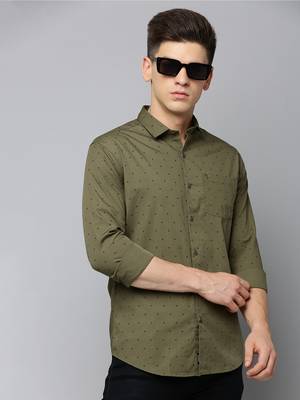 men's long sleeves geometric olive shirt 1