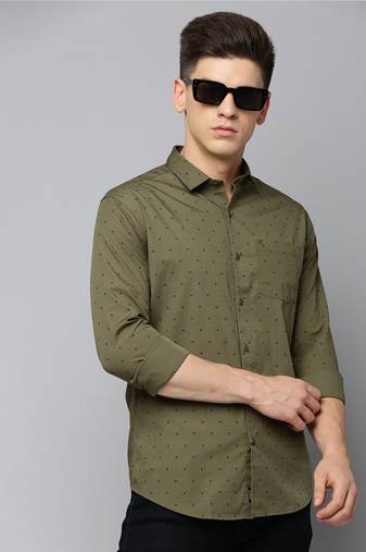 men's long sleeves geometric olive shirt
