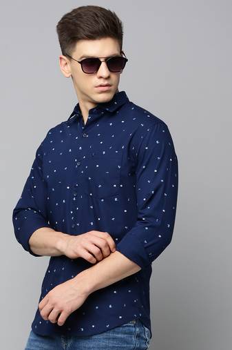 men's long sleeves conversational navy blue shirt