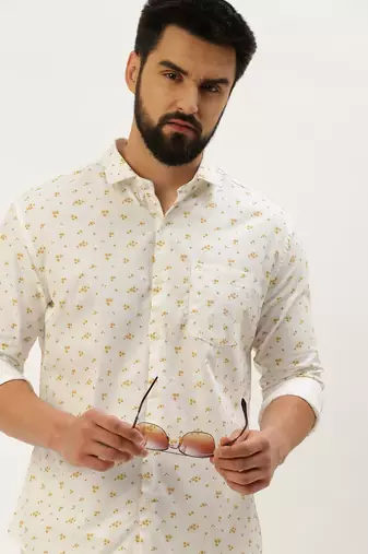 Showoff men's long sleeves floral white shirt