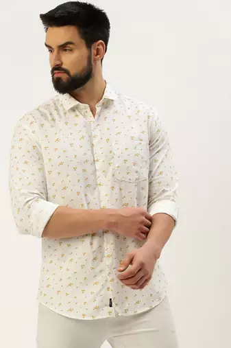 Showoff men's long sleeves floral white shirt