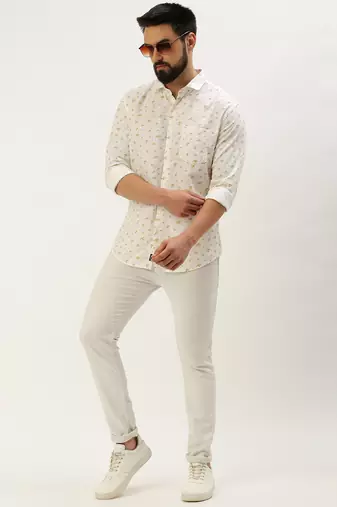 Showoff men's long sleeves floral white shirt