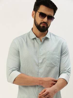 Showoff men's long sleeves geometric sea green shirt 1