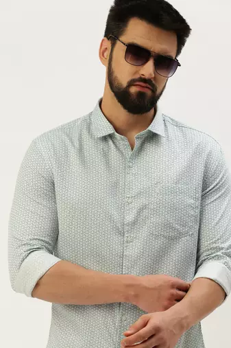 Showoff men's long sleeves geometric sea green shirt
