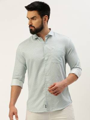 Showoff men's long sleeves geometric sea green shirt 2
