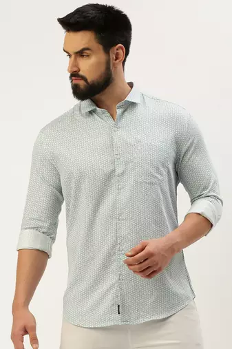 Showoff men's long sleeves geometric sea green shirt