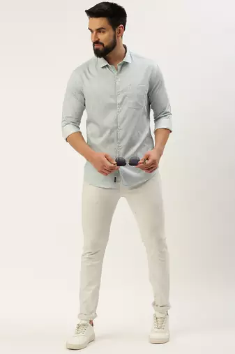 Showoff men's long sleeves geometric sea green shirt