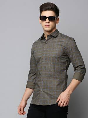 men's long sleeves tartan checks olive shirt 1