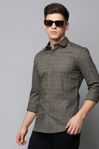 men's long sleeves tartan checks olive shirt
