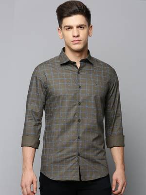men's long sleeves tartan checks olive shirt 2