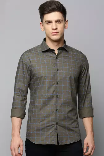 men's long sleeves tartan checks olive shirt