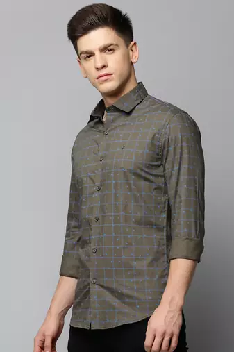 men's long sleeves tartan checks olive shirt