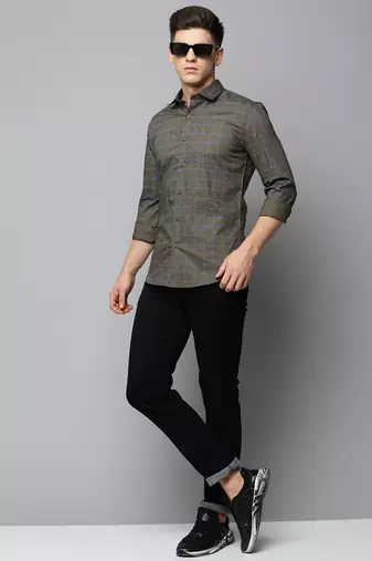 men's long sleeves tartan checks olive shirt