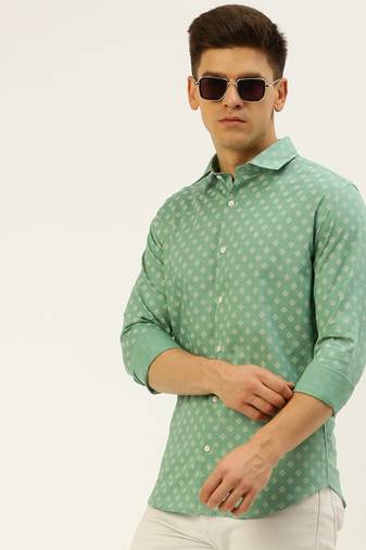 men's long sleeves geometric sea green shirt