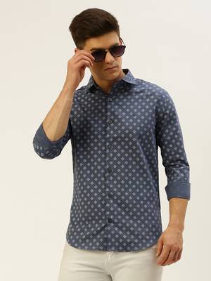 men's long sleeves geometric blue shirt 1