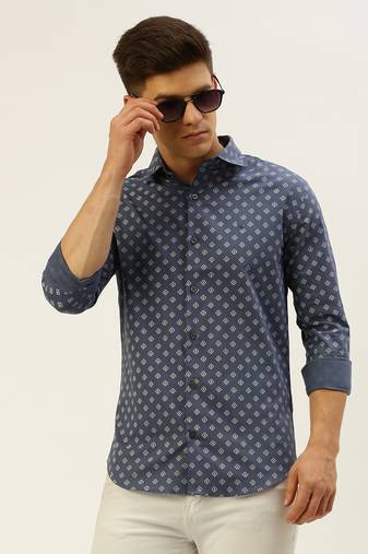 men's long sleeves geometric blue shirt