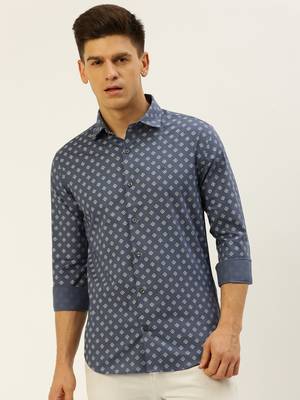 men's long sleeves geometric blue shirt 2