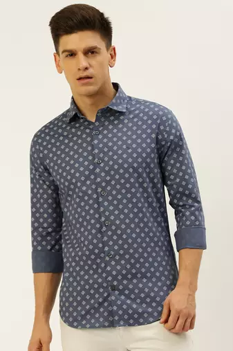 men's long sleeves geometric blue shirt