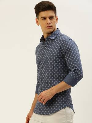 men's long sleeves geometric blue shirt 3