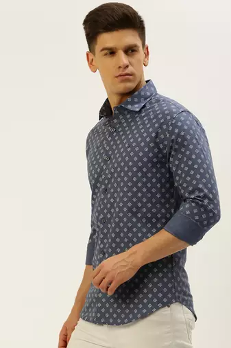 men's long sleeves geometric blue shirt