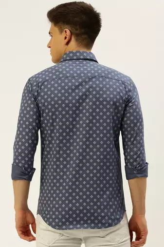men's long sleeves geometric blue shirt