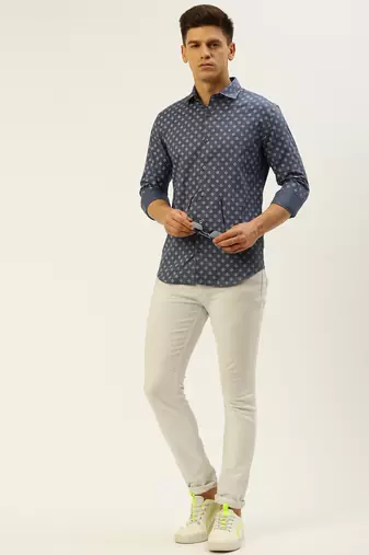 men's long sleeves geometric blue shirt