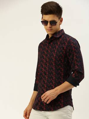 men's long sleeves ethnic motifs navy blue shirt 1