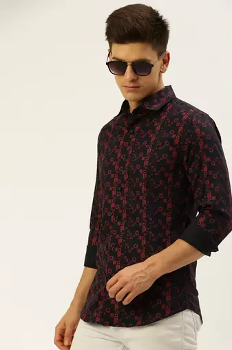 men's long sleeves ethnic motifs navy blue shirt