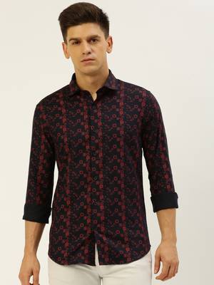 men's long sleeves ethnic motifs navy blue shirt 2