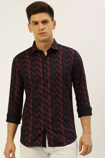 men's long sleeves ethnic motifs navy blue shirt