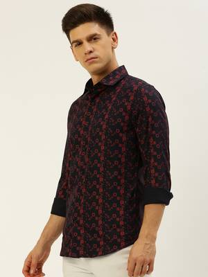 men's long sleeves ethnic motifs navy blue shirt 3