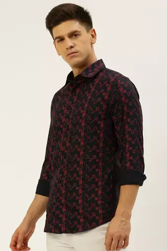 men's long sleeves ethnic motifs navy blue shirt