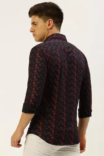 men's long sleeves ethnic motifs navy blue shirt