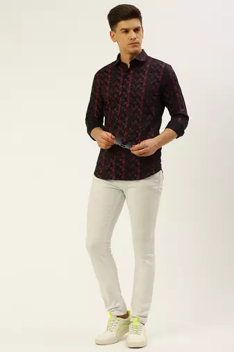 men's long sleeves ethnic motifs navy blue shirt